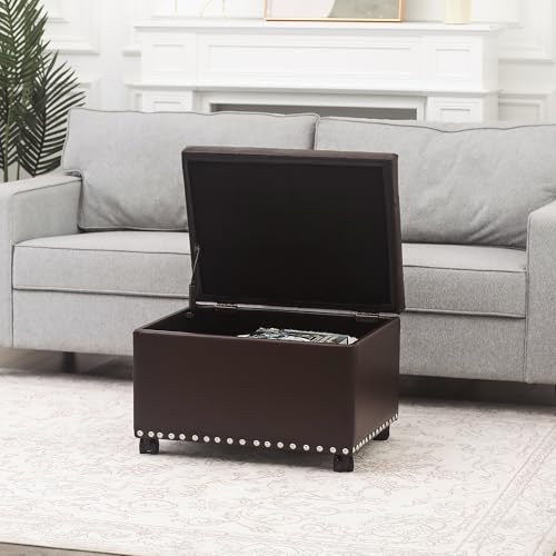 Leather Storage Ottoman with 360° Caster Wheels 24" Foot Rest Bench Rectangle Ottomans Stool for Living Room Bedroom (Brown, Wheels) - color: Brown With Casters