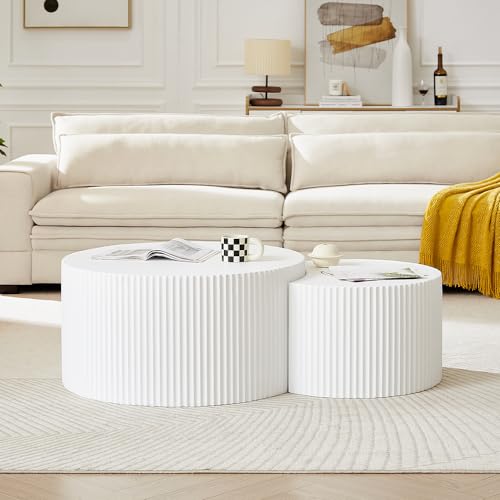 Nesting Coffee Table Set of 2, Round & Crescent Moon Wooden Coffee Tables, Modern Luxury Accent End Tea Table for Living Room Apartment (White-Round) - color: Round & Crescent Nesting Set, White