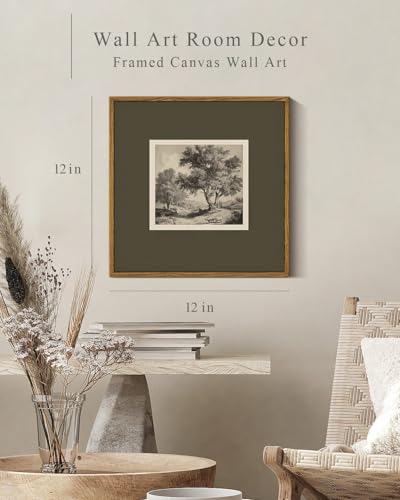 InSimSea Square Canvas Wall Art 12x12 Vintage Rustic Landscape Sketch Print | Rural Trees and Sheep Decorative Painting, Retro Rustic Tree Design, Perfect for Living Room, Bedroom, Office Home Decor - color: Roadside Trees, size: 12"L x 12"W