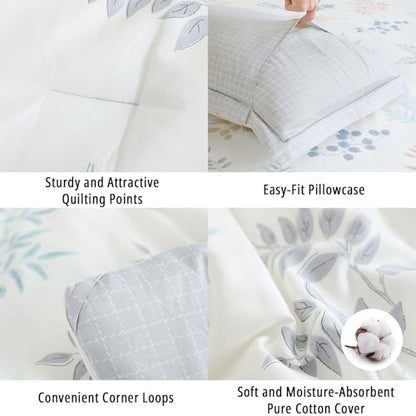 LEMIROE White & Gray Whimsical Botanical Cotton Comforter Set Twin Size 2PC | Pastel Leaf Print & Light Gray Grid Reversible Design, Lightweight, Cotton Shell, Down Alternative Fill, 1 Pillow Sham - color: Botanical Serenity - White & Gray Grid, size: Twi