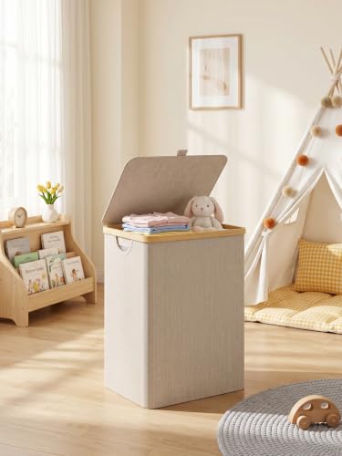 IEGrow Laundry Hamper with Lid,85L Laundry Basket with Mesh Bags,Oatmeal | Dirty Clothes Hamper Basket with Bamboo Handle for Clothes Towels - color: Oatmeal, size: 85L