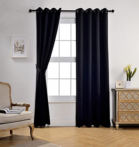 1 Pair Thermal Insulated Grommet 52-Inch-by-84-Inch Blackout Window Curtain Panels with 2 Tie Backs, Black - color: Black, size: 52"W x 84"L (Pack of 2)