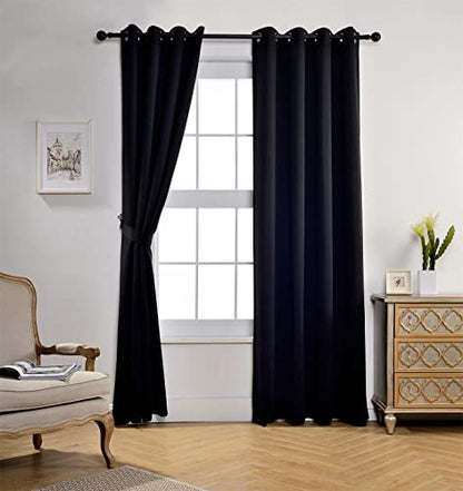 1 Pair Thermal Insulated Grommet 52-Inch-by-84-Inch Blackout Window Curtain Panels with 2 Tie Backs, Black - color: Black, size: 52"W x 84"L (Pack of 2)