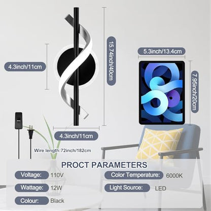 Plug in Wall Sconces Sets of 2, 12W LED Wall Mount Lights, Modern Spiral Wall Lamp, 6000K Cold Modern Light Fixture for Stairs, Living Room, Bedroom, Aisle, Hallway - color: Black-Cool White