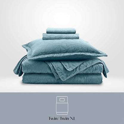 Clara Clark Quilts Twin Size - All Season Bedspread Coverlet Set, Pinsonic Weave Lightweight Bedding Set - 5 Piece Twin Quilt Set with Pillow Shams, Stone Blue - Twin Ellipse - color: 26 – Stone Blue – Ellipse, size: Twin