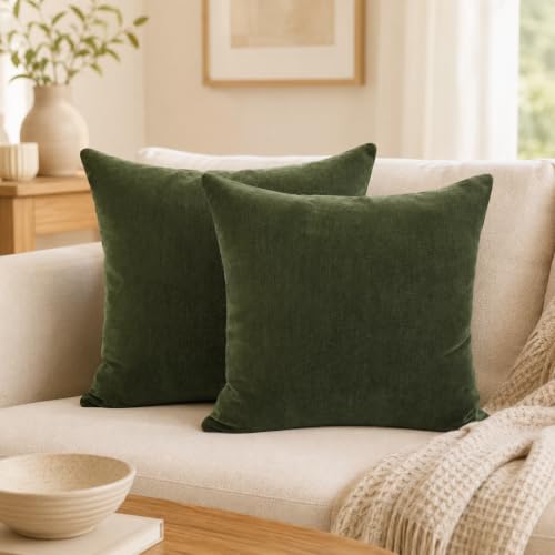 JoraLion Chenille Lumbar Pillow Covers 16x16 inch Moss Green | Solid Dyed Decorative Throw Pillow Covers, Plain Farmhouse Soft Chenille Cushion Case for Couch Sofa Bed Room, Set of 2 - color: Moss Green, size: 16" x 16" (Pack of 2)