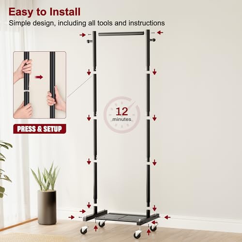 SLEEPING LAMB Small Clothes Racks for Hanging Clothes, Rolling Clothing Rack with Shelves, 60" Metal Garment Rack with Wheels Portable Wardrobe Rack for Small Space, Black - color: Black