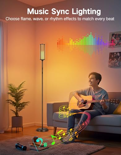 OUTON Bright Smart Floor Lamp with Remote, App & Touch Control, RGB Color Changing Standing Lamp, 2200K-6500K Dimmable, 3 Adjustable Heights, 32 Scenes for Living Room Bedroom Office,Black & Glass - color: Black & Glass Shade