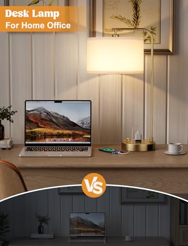 Innqoo Gold Table Lamp with USB Port and Outlet, Dimmable Nightstand Bedside Lamps with Linen Lampshade, Desk Lamp for Bedroom, Living Room, Guest Room, Home Office, LED Bulb Included - color: D-White Shade& Gold Base