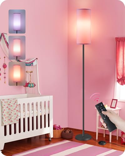 Dimmable Pink Floor Lamp for Living Room with Remote and Foot Switch, Corner Floor Lamp for Bedroom, 64.4" Standing Tall Lamp, 10W 900LM Bulb Included, 3000K-6500K, Linen Shade, FCC Listed P06LD05W1 - color: Pink