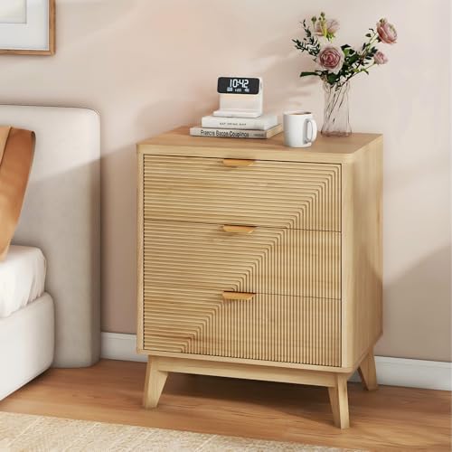 LYNCOHOME 3 Drawer Fluted Nightstand, Modern Wood Night Stand with Curved Profile, Fluted Tall Nightstand with Drawers, Light Oak - color: Natural Stripes, size: 15.7"D x 23.6"W x 28.1"H（3 Drawers）