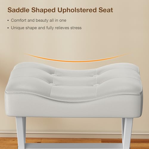 18-Inch Large Leather Vanity Stool Chair, White Makeup Stool | Vanity Bench, Metal X-Leg, 350 LBS, 20"x16.9"x18", Ottoman Accent Stool, Thick Padded Saddle Seat, For Living Room Bedroom - size: Large, style: White Leather
