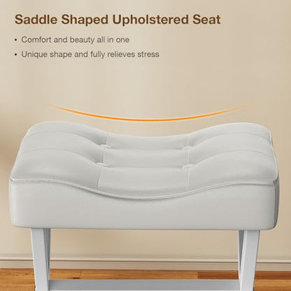 18-Inch Large Leather Vanity Stool Chair, White Makeup Stool | Vanity Bench, Metal X-Leg, 350 LBS, 20"x16.9"x18", Ottoman Accent Stool, Thick Padded Saddle Seat, For Living Room Bedroom - size: Large, style: White Leather