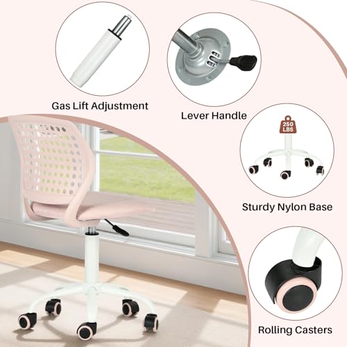 FurnitureR Armless Rolling Kids Desk Chair with Breathable Back and Padded Seat, Ergonomic Adjustable Height Swivel Compact Study Computer Task Chair for Teens Adults, Blush Pink - color: Blush Pink