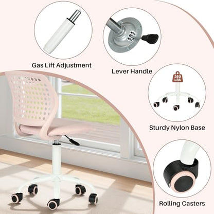 FurnitureR Armless Rolling Kids Desk Chair with Breathable Back and Padded Seat, Ergonomic Adjustable Height Swivel Compact Study Computer Task Chair for Teens Adults, Blush Pink - color: Blush Pink