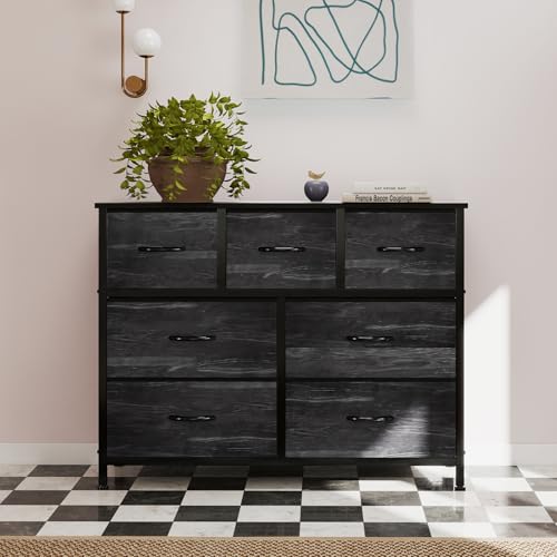 OLIXIS 7 Drawer Fabric Dresser, Storage Tower for Bedroom and Closet | Dresser for Bedroom, Wooden Top & Easy Pull Fabric Bins, Clothes Organization, Living Room, Black Wood Grain - color: Black Wood Grain, size: 11.8"D x 39.4"W x 30"H (7 Drawers)