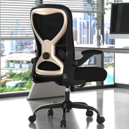 Ergonomic Home Office Chair, 4-Way Lumbar, Thick Cushion, 330LBS | Adjustable Lumbar (up/down/in/out), Rocking Mesh Back, Flip-up Arms, Easy Assembly, Ideal for home offices & small workspaces - color: Black&gold
