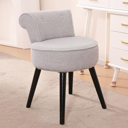 Vanity Chair with Back, Sherpa Stool with Tufted Backrest & Silver Nailhead Trim, Round Vanity Seat for Bedroom and Bathroom Makeup, Support 220lbs, Easy Assembly (Teddy Gray) - color: Sherpa Gray