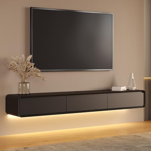 Fully-Assembled Minimalist Floating TV Stand with LED Lights, Modern Wall-Mounted Media Console with 3 Flip-Down Cabinet Doors for 75 Inch TV, Black Oak, 78" - color: Black, size: 78.74"