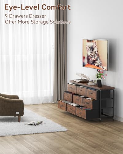 TV Stand with Mount for 32/55/65/75/85 inch TVs, Entertainment Center with 9 Fabric Drawers Dresser Storage, Height Adjustable Media Console - color: Rustic Brown