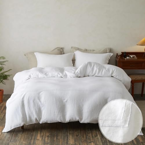 Simple&Opulence 100% Washed Linen Duvet Cover Set 68"x86" - 2 Pieces Soft Farmhouse Comforter Cover Set Double Embroidered with Button Closure - 1 Duvet Cover and 1 Pillowcase (White, Twin) - color: 2 Embroidery White, size: Twin