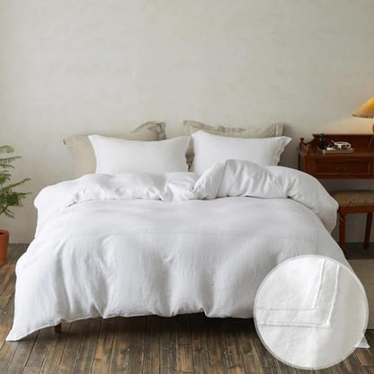 Simple&Opulence 100% Washed Linen Duvet Cover Set 68"x86" - 2 Pieces Soft Farmhouse Comforter Cover Set Double Embroidered with Button Closure - 1 Duvet Cover and 1 Pillowcase (White, Twin) - color: 2 Embroidery White, size: Twin