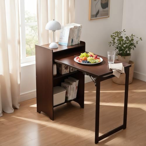 Walnut Foldable Office Desk, Fold Out Convertible Hidden Computer Desk with Storage Shelves, Multi-Function Folding Murphy Writing Table for for Small Spaces, Home Office - color: Walnut