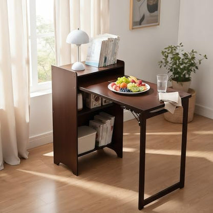 Walnut Foldable Office Desk, Fold Out Convertible Hidden Computer Desk with Storage Shelves, Multi-Function Folding Murphy Writing Table for for Small Spaces, Home Office - color: Walnut