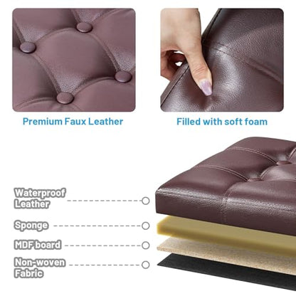 Bsketa Storage Ottoman Bench,16 Inch Folding Leather Foot Rest Stool, Brown | Small Ottoman with Side Pockets, Thicker Foam Padded Seat, Livingroom, Dorm, Bedroom, Easy to install, 38L,16x12x12in - color: Brown-with Side Pockets..