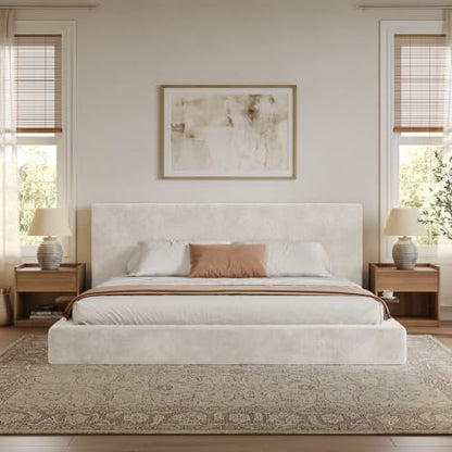 VMU King Size Upholstered Platform Bed Frame with Headboard for Bedroom | Modern Soft Cloud Platform Bed with 5.1" Extra-Wide Edge and Adjust 2 Bedside Table, Low Profile, No Box Spring Needed - size: King (U.S. Standard)