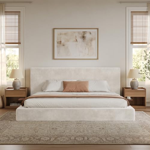 VMU King Size Upholstered Platform Bed Frame with Headboard for Bedroom | Modern Soft Cloud Platform Bed with 5.1" Extra-Wide Edge and Adjust 2 Bedside Table, Low Profile, No Box Spring Needed - size: King (U.S. Standard)