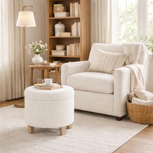 HomePop 19" Faux Sheepskin Round Storage Ottoman - Light Cream - color: Light Cream