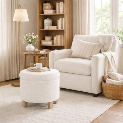 HomePop 19" Faux Sheepskin Round Storage Ottoman - Light Cream - color: Light Cream