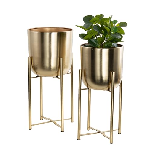 CosmoLiving by Cosmopolitan Metal Dome Planters, Set of 2, 19", 22"H, Gold | Large planter pots with removable plant stand indoor outdoor use, not watertight
