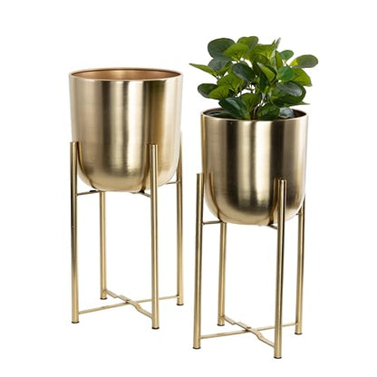 CosmoLiving by Cosmopolitan Metal Dome Planters, Set of 2, 19", 22"H, Gold | Large planter pots with removable plant stand indoor outdoor use, not watertight