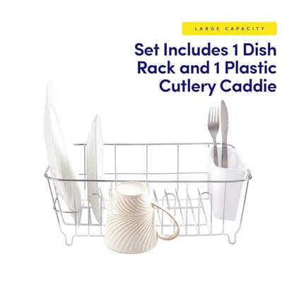 Sweet Home Collection Metal 2 Piece Dish Drying Rack Set Drainer with Utensil Holder Simple Easy to Use Fits in Most Sinks, 14.5" x 13" x 5.25", White - color: White