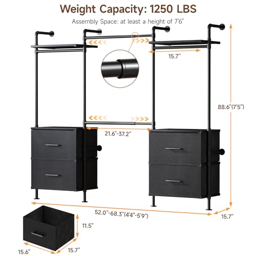 T4 Wall Mounted Closet System with 4 Large Drawers & 4 Hanging Rods | Adjustable from 4'4'' to 5'9'', Industrial Pipe Clothing Rack with 4 Hanging Rods, Heavy Duty Closet Organizer System, Black - color: Black