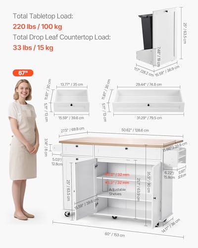 VEVOR Kitchen Island Cart with Storage, 60in Wide Mobile Kitchen Cart with Wheels, Drop Leaf, 2 Drawers, Trash Can Cabinet, Knife Holder, Spice Rack, and Towel Rack, Table for Dining Room, Pantry - size: 60.24"D x 27.56"W x 35.43"H, style: Moveable 1 Cash