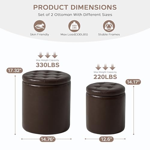 oakvivo Round Set of 2 14.76" L x 14.76" W x 17.32" H Faux Leather Ottoman with Storage, Small Foot Rest Storage Ottomen with Lid Living Room, Bedroom Vanity Stool Chair, Coffee - color: Coffee