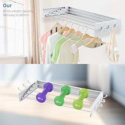 Laundry Drying Rack, Collapsible Wall Mounted Clothes Drying Rack - Foldable,Space Saving, 13.2 Linear Ft, 5 Aluminum Rods, 60 lb Capacity (White, 40" Wide) - size: 40"