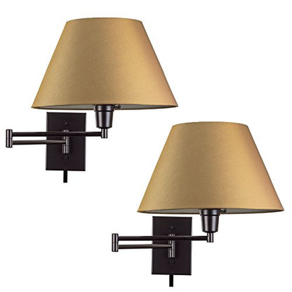 Kira Home Cambridge 15" Modern Swing Arm Wall Sconce + 3-Way Switch, 2-Pack | Golden Bronze Empire Fabric Shade, 2-in-1 Plug In or Hardwired Bedroom Wall Lamp, Black Finish - color: Black,Golden Bronze Shade,2-Pack