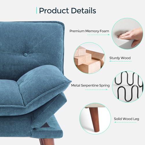 LINSY HOME Futon Sofa Bed, 70" Chenille Futon Couch with Adjustable Backrest Armrest, 3 in 1 Convertible Comfy Loveseat Sleeper Sofa Bed for Small Spaces Dorm Room Apartment Home Office, Blue