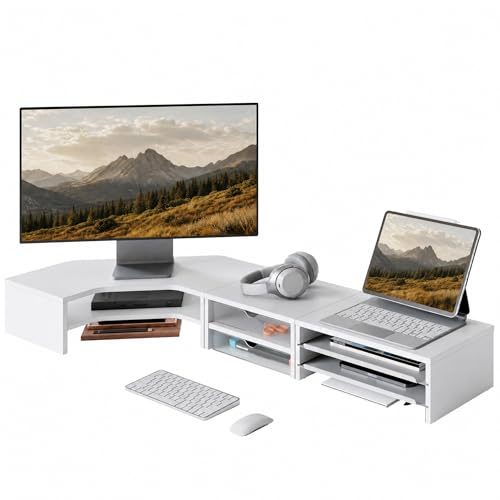 Fenge Dual Monitor Stand, Corner Desk Shelf with Drawer & Slide-Out Tray | Modular Design for Flexible Layouts, 2-Tier Storage Desktop Organizer for Computer, Laptop, Printer and Telephone - color: White