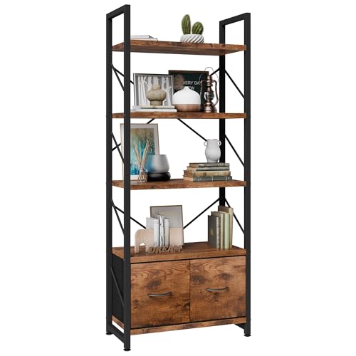 Shintenchi 5 Tier Bookshelf with Drawers, Display Standing Shelf Units, Wood and Metal Bookshelves Storage Organizer, Bookcase for Home Office Bedroom, Kitchen, Living Room, Rustic Brown - size: 23.8'' W x 12'' D x 62.4'' H-2 Drawers