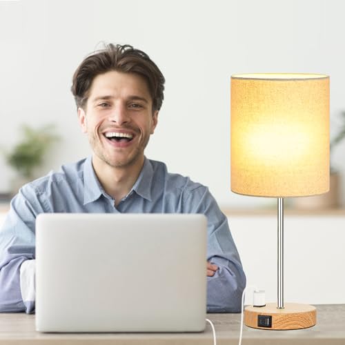 Lynnoland Set of 2 Touch Wood Table Lamps, Bedroom Lamps with 2 USB AC Outlet, 3-Way Dimmable Bedside Nightstand Lamps for Bedroom Living Room Nursery, 800 Lumens 2700K Bulbs Included - color: (2 Pack)Cream & Wood(Base)-2700K Bulbs Included