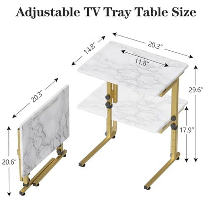 Folding tv Tray Dinner Snack Table,6 Height Adjustable Slide Under Couch Side Table, Portable Small Foldable C-Shaped End Table for Eating with Sturdy MDF Top,No Assembly(White Marble+Gold) - color: White Marble + Gold