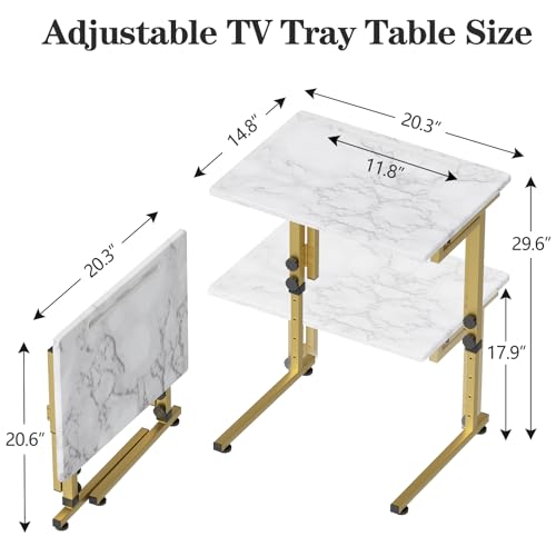 Folding tv Tray Dinner Snack Table,6 Height Adjustable Slide Under Couch Side Table, Portable Small Foldable C-Shaped End Table for Eating with Sturdy MDF Top,No Assembly(White Marble+Gold) - color: White Marble + Gold