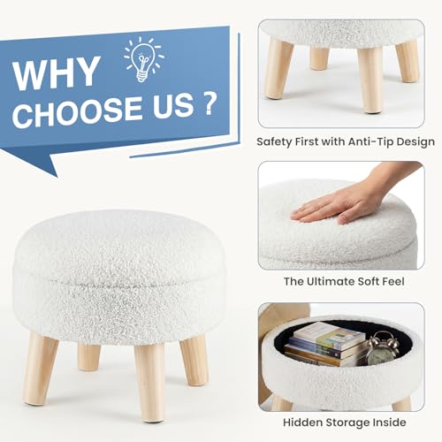 DUMOS Round Storage Ottoman with Reversible Tray Lid, Multi-Functional Footrest, Teddy Velvet Footstool with Wood Legs, Small Coffee Table for Living Room, Bedroom, Beige - color: Beige