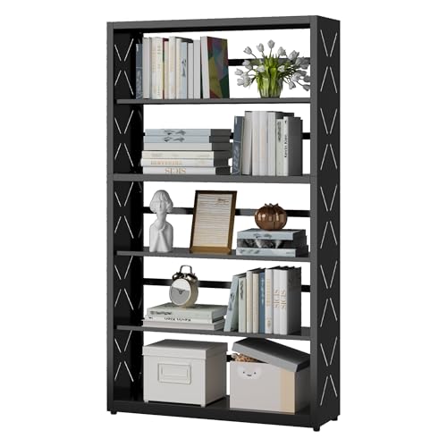 SteeLoong 5 Tier Bookcase,Metal Bookshelf with Adjustable Feet & Shelves | 55"H White Book Shelf with Bookends ,Tall Bookcase for books & decor,Modern Open storage shelves for Office,Kitchen,Garage - color: Black, size: 5-Tier 31"W
