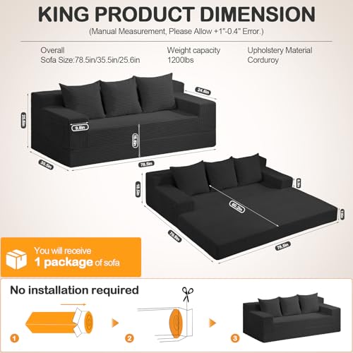 Erament 3 Seater Boneless Couch Sofa Bed, 78'' Corduroy Oversized Loveseat Folding Sofas Bed, Compression Convertible Futon Floor Couch Sofa Beds with 3 Pillows for Living Room Bedroom Apartment - color: Black, size: 78''（King）